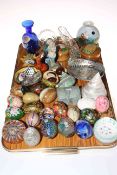 Phoenix glass vase, glass and pottery eggs, glass paperweights, shells, trinket boxes, etc.