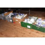 Five boxes of china and glass including Ringtons, dinnerware, pair of horse head busts, prints,