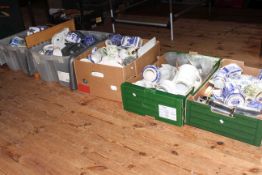 Five boxes of china and glass including Ringtons, dinnerware, pair of horse head busts, prints,