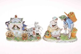 Sitzendorf porcelain group of apple picker and customer, 17cm across, 14cm high,