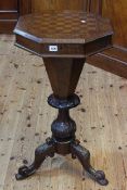Victorian chess top octagonal games/sewing table on carved pedestal tripod base,