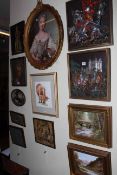 Collection of twelve pictures including oval portrait, beadwork, two relief plaques, etc.
