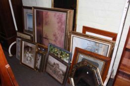 Large quantity of pictures and mirrors including needleworks, portraits, etc.