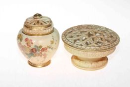 Two Royal Worcester blush ware pot pourri, vase with lid and cover, shape no.