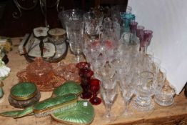 Collection of glass including etched, vanity sets, commemorative, etc.
