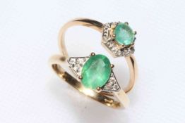 Two 9 carat gold, emerald and diamond (one zircon) rings, size N, with certificates.