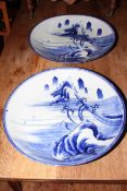 Pair of large Chinese blue and white chargers, 37cm diameter.