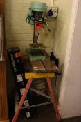 Power G. Bench drill on stand, boxed work bench and two folding work stands (4).