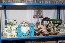 Glass lustre lamp with drops, turquoise foo dogs, Portmeirion Summer Strawberries service,