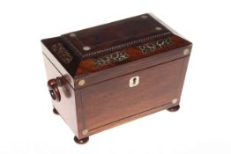 19th Century mahogany two handled tea caddy with mother of pearl inlay, 21cm by 12cm by 16cm.