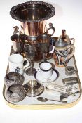 Silver plated ice bucket and stand, silver cigarette case, sugar tongs,