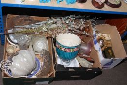 Three boxes of glass, ceramics, wooden tray, books, tins, etc.