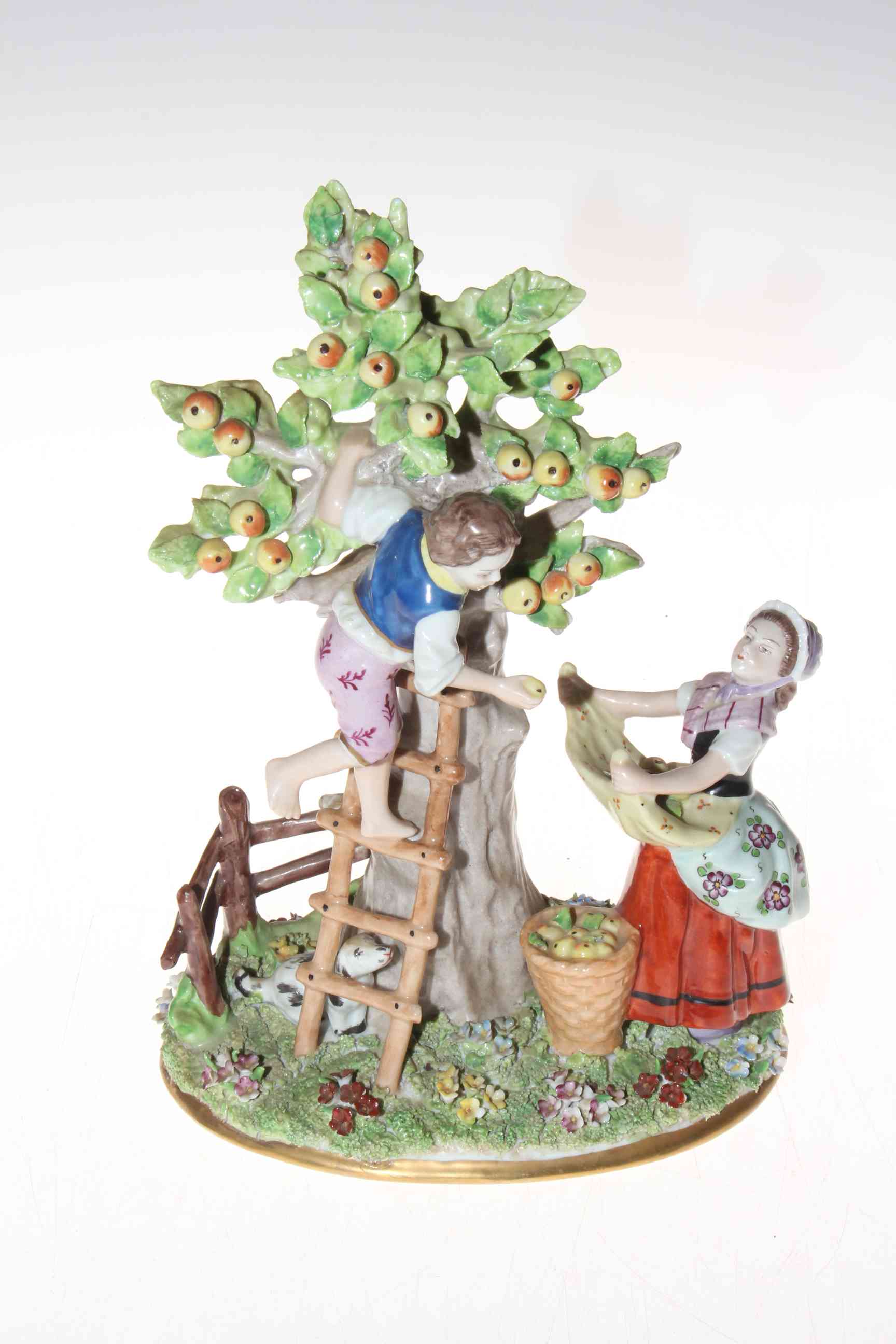 Sitzendorf porcelain Apple Pickers group, 25cm, blue mark.