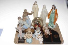 Collection of religious pottery figures and Russian style icon.