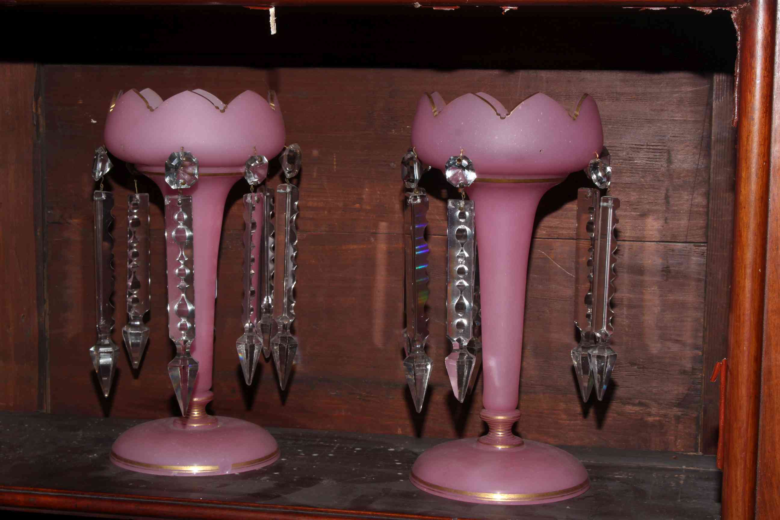 Pair late Victorian pink frosted opaque glass lustres, 26cm.