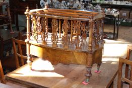 Victorian burr walnut and fretwork three division Canterbury with base drawer,