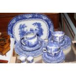 Twenty four pieces of Spodes 'Italian' blue and white china and Doulton blue and white meat plate.