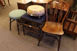 Windsor elm side chair with crinoline stretcher and three various stools (4).