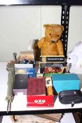 Jointed teddy bear, Corgi 007 Lotus 04701, tin toy, cigarette cards, Parker pen, etc.