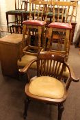 Vintage Jones cabinet sewing machine, pair Victorian side chairs, office chair and pair bar stools.