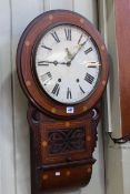 Victorian rosewood and satinwood inlaid drop dial wall clock.