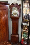 Antique oak and mahogany eight day longcase clock having arched painted moon phase dial, 224cm.