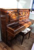 Waddington & Son burr walnut and satinwood inlaid upright overstrung piano, Serial No.