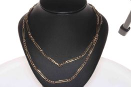 9 carat gold chain necklace of long and short links, 80cm length.