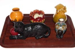 Bretby cat with ball, small Bretby jardiniere and three vases.