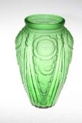 1920's moulded green glass vase, 31cm.