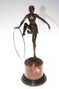 Art Deco style bronze of dancing hoop girl on marble base, 47cm high.