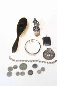 Box with silver vesta, silver bangle, shire horse medal, etc.