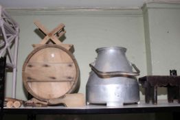 Butter churn 54cm, metal milk jug 36cm, and a milking stool 17cm (3).