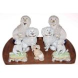 Pair of Dresden china poodles, pair of Staffordshire poodles and three others.