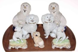 Pair of Dresden china poodles, pair of Staffordshire poodles and three others.