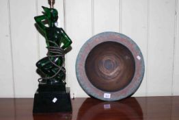 Green resin lady table lamp together with a Studio Pottery fruit bowl (2).