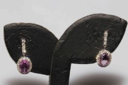 14k white gold, pink sapphire and diamond earrings,