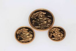 1991 QEII three coin proof sovereign set (double, full, half).