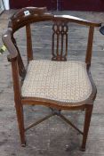 Edwardian mahogany, chequer and line inlaid corner chair.