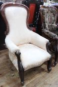 Victorian mahogany framed gents chair in light pink fabric.