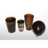 Three 19th Century horn beakers and unusual coconut caddy (4).