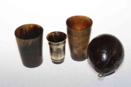 Three 19th Century horn beakers and unusual coconut caddy (4).