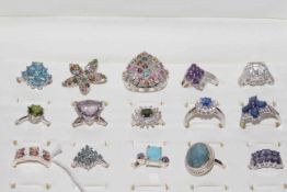 Collection of fifteen gem set silver rings including tourmaline, topaz, amethyst, etc,