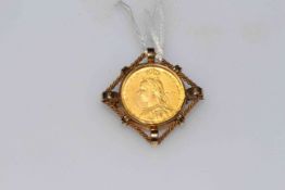 1887 mounted 9k brooch Queen Victoria frosted gold sovereign behind glass.