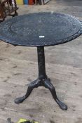 Victorian circular carved snap top occasional table on pedestal triform base, 71cm by 66cm diameter.