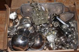 Box of silver plated wares including teapot, tray, etc.