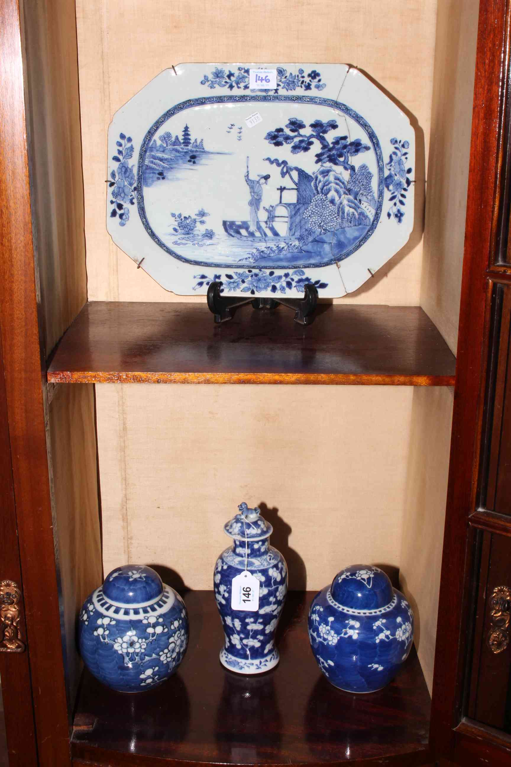 Chinese blue and white meat plate, blue and white lidded vase and a pair of ginger jars.