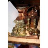 Copper and brass wares and tea caddy.