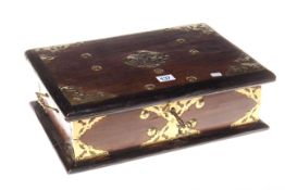 Mahogany and brass bound box with key, 42cm by 29cm by 12cm.