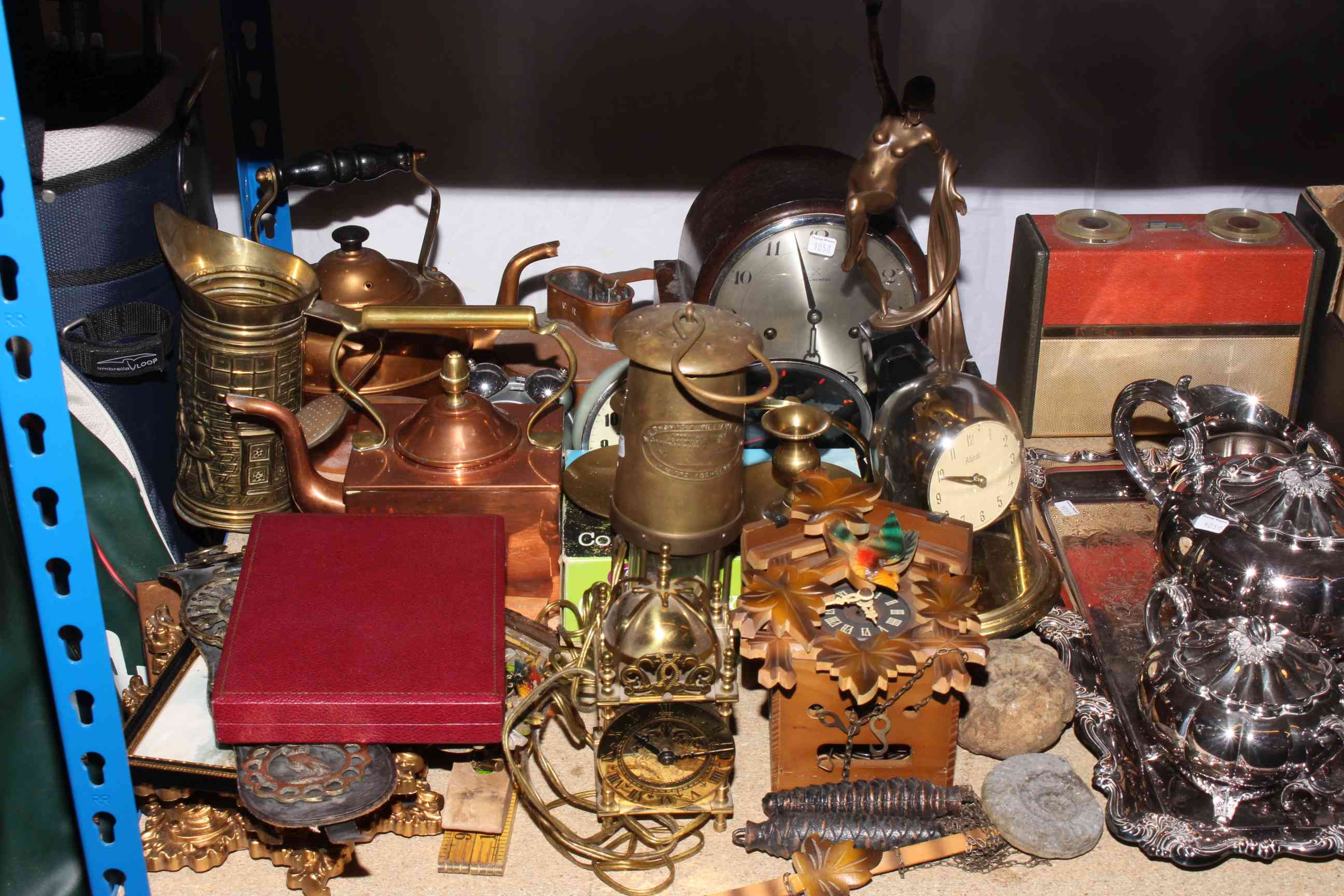 Collection of metalwares including Coalport lady statue on stand, miners lamp, mantel clocks, - Image 2 of 3